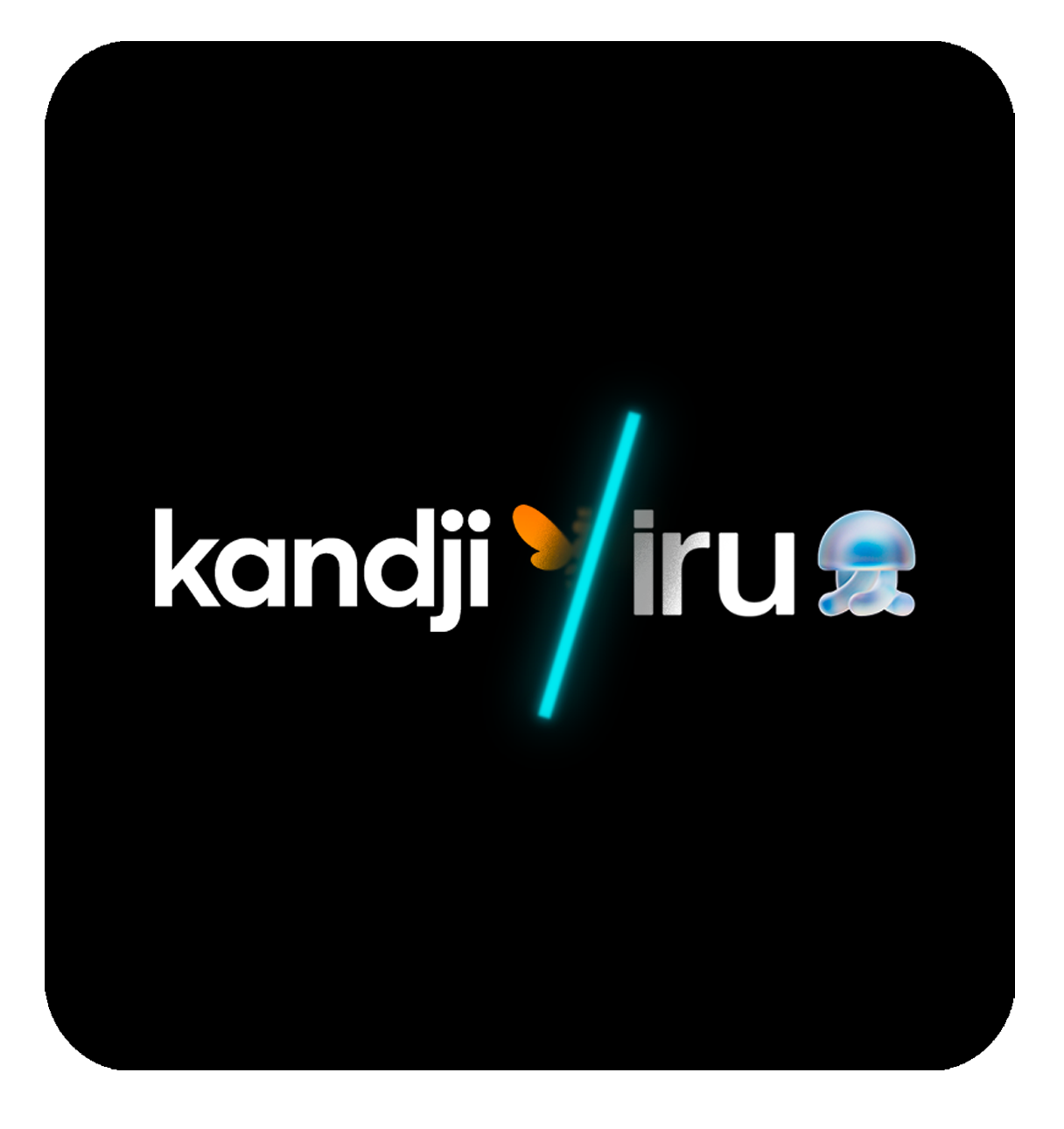 Kandji and Iru logos side by side on a black background, separated by a glowing cyan slash, with a butterfly emoji after "kandji" and a jellyfish emoji after "iru."