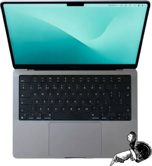 Open MacBook Pro in space gray, viewed from above, displaying a teal wave wallpaper, with a small illustrated sphinx figure in the bottom-right corner.