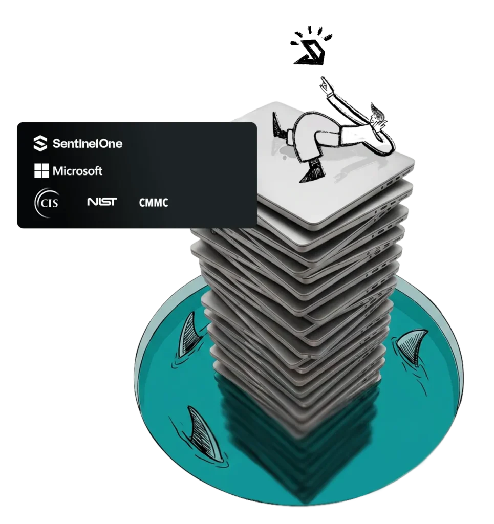 A tall precarious stack of laptops surrounded by shark fins in teal water, with a cartoon figure falling from the top, alongside a dark panel showing SentinelOne, Microsoft, CIS, NIST, and CMMC logos.