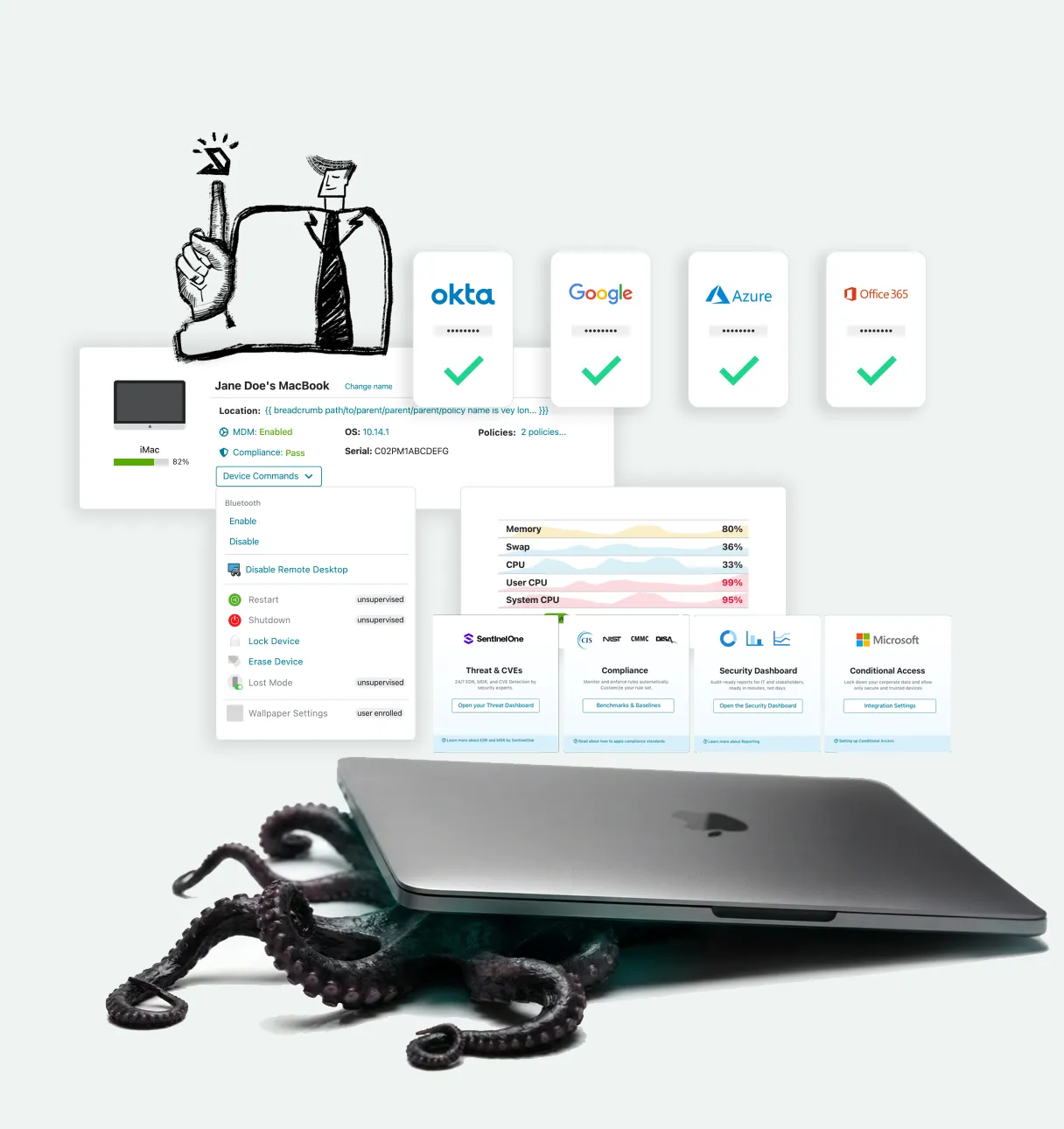 MacBook laptop resting on octopus tentacles, surrounded by MDM dashboard UI showing device management, integrations with Okta, Google, Azure, and Office 365, plus security and compliance panels.