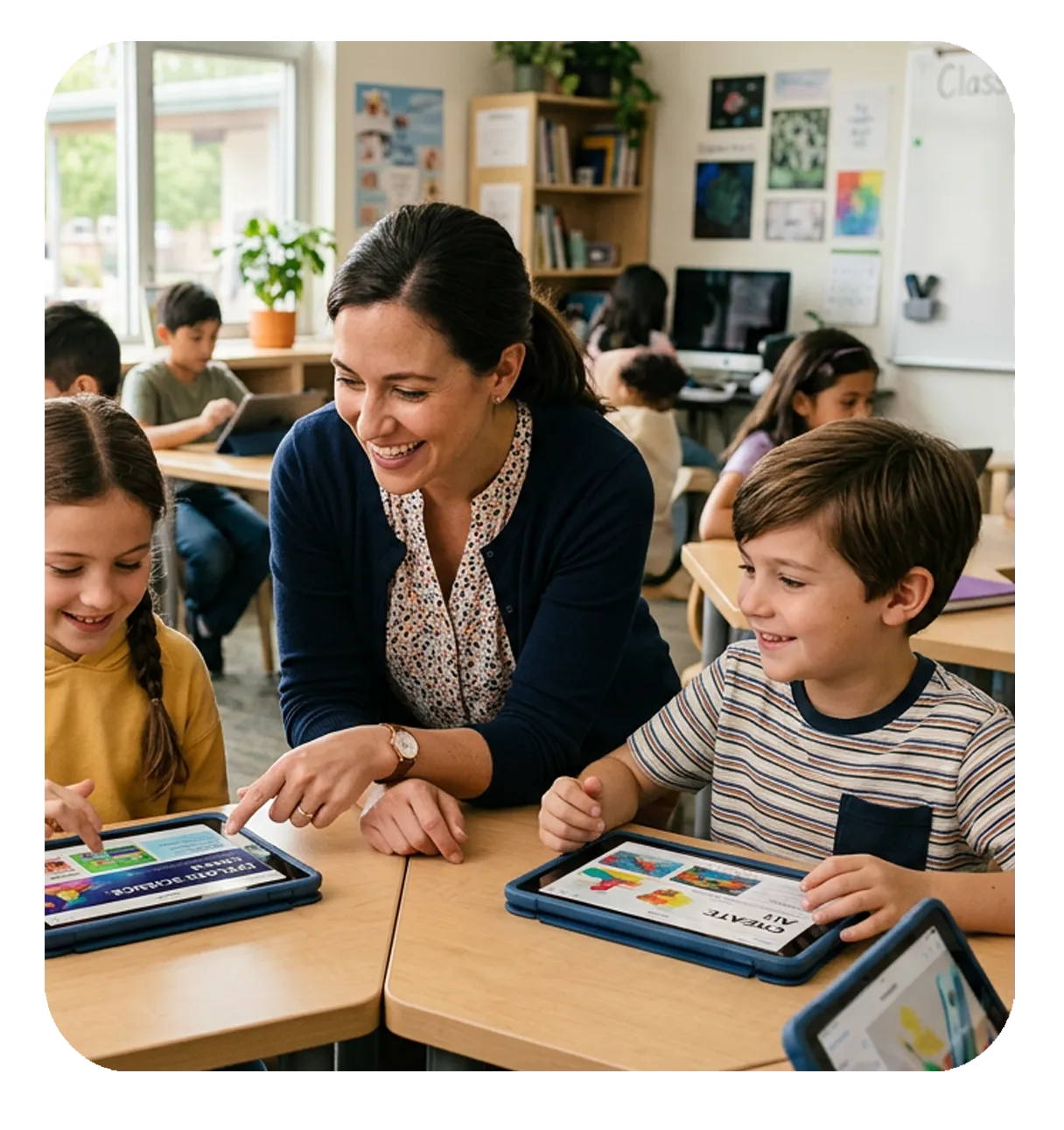 Smiling teacher leans over to help two elementary students working on tablets in a bright, busy classroom with other children in the background.