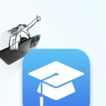 A sketch-style figure triumphantly leaping out of an iPhone, alongside Apple School Manager icon featuring a white graduation cap, suggesting a mobile education or learning app.