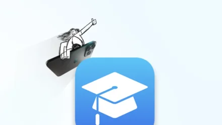 A sketch-style figure triumphantly leaping out of an iPhone, alongside Apple School Manager icon featuring a white graduation cap, suggesting a mobile education or learning app.