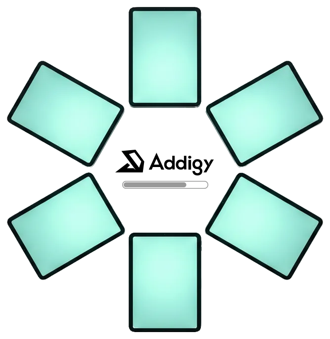 Six mint-green tablets arranged in a circular pattern around the Addigy logo and a loading progress bar in the center.