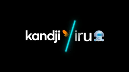 Kandji and Iru logos side by side on a black background, separated by a glowing cyan slash, with a butterfly emoji after "kandji" and a jellyfish emoji after "iru."