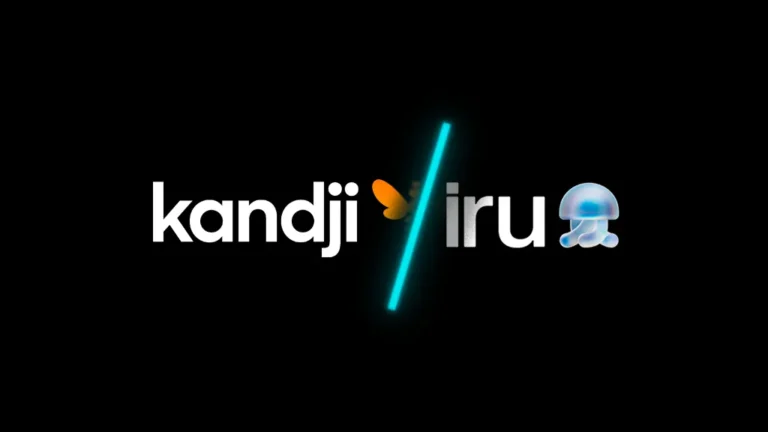 Kandji and Iru logos side by side on a black background, separated by a glowing cyan slash, with a butterfly emoji after "kandji" and a jellyfish emoji after "iru."