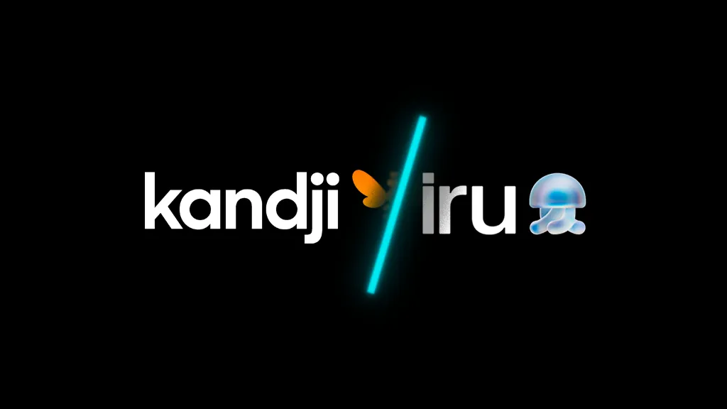 Kandji and Iru logos side by side on a black background, separated by a glowing cyan slash, with a butterfly emoji after "kandji" and a jellyfish emoji after "iru."