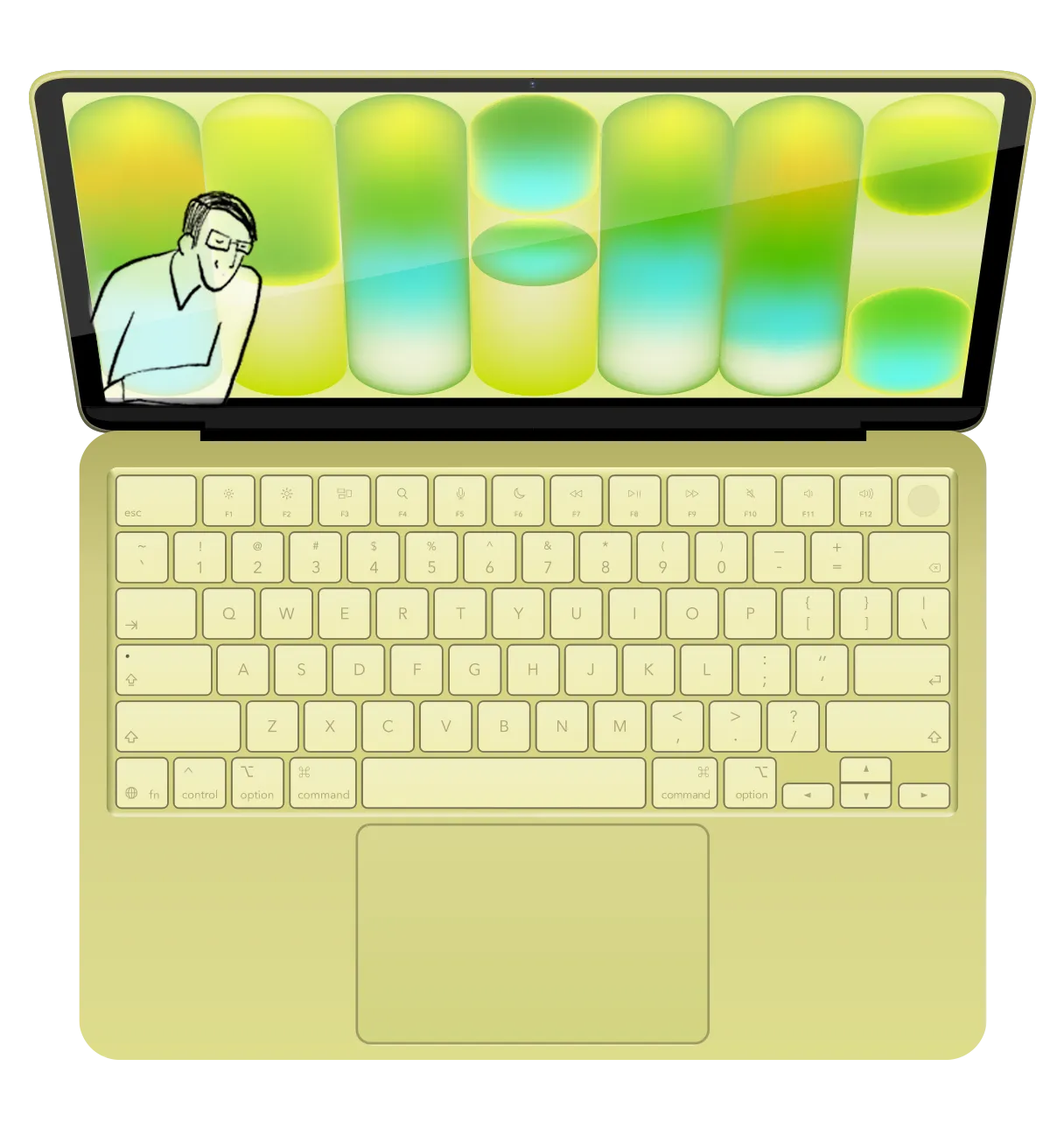 Yellow-green MacBook Neo illustration with a colorful gradient wallpaper of glowing capsule shapes in green and teal, featuring a small cartoon man in the corner appearing to think.
