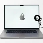 Illustrated detective character with a magnifying glass inspecting a MacBook Pro displaying an Apple logo with a security lock icon on the screen, white background