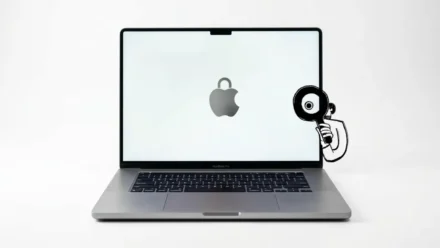 Illustrated detective character with a magnifying glass inspecting a MacBook Pro displaying an Apple logo with a security lock icon on the screen, white background