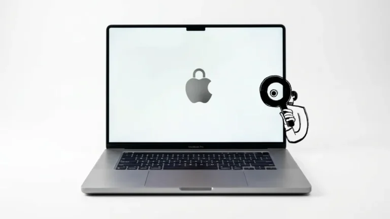 Illustrated detective character with a magnifying glass inspecting a MacBook Pro displaying an Apple logo with a security lock icon on the screen, white background