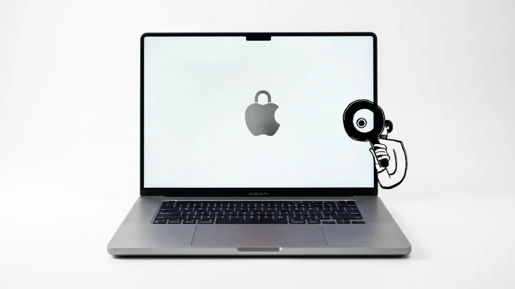 Illustrated detective character with a magnifying glass inspecting a MacBook Pro displaying an Apple logo with a security lock icon on the screen, white background