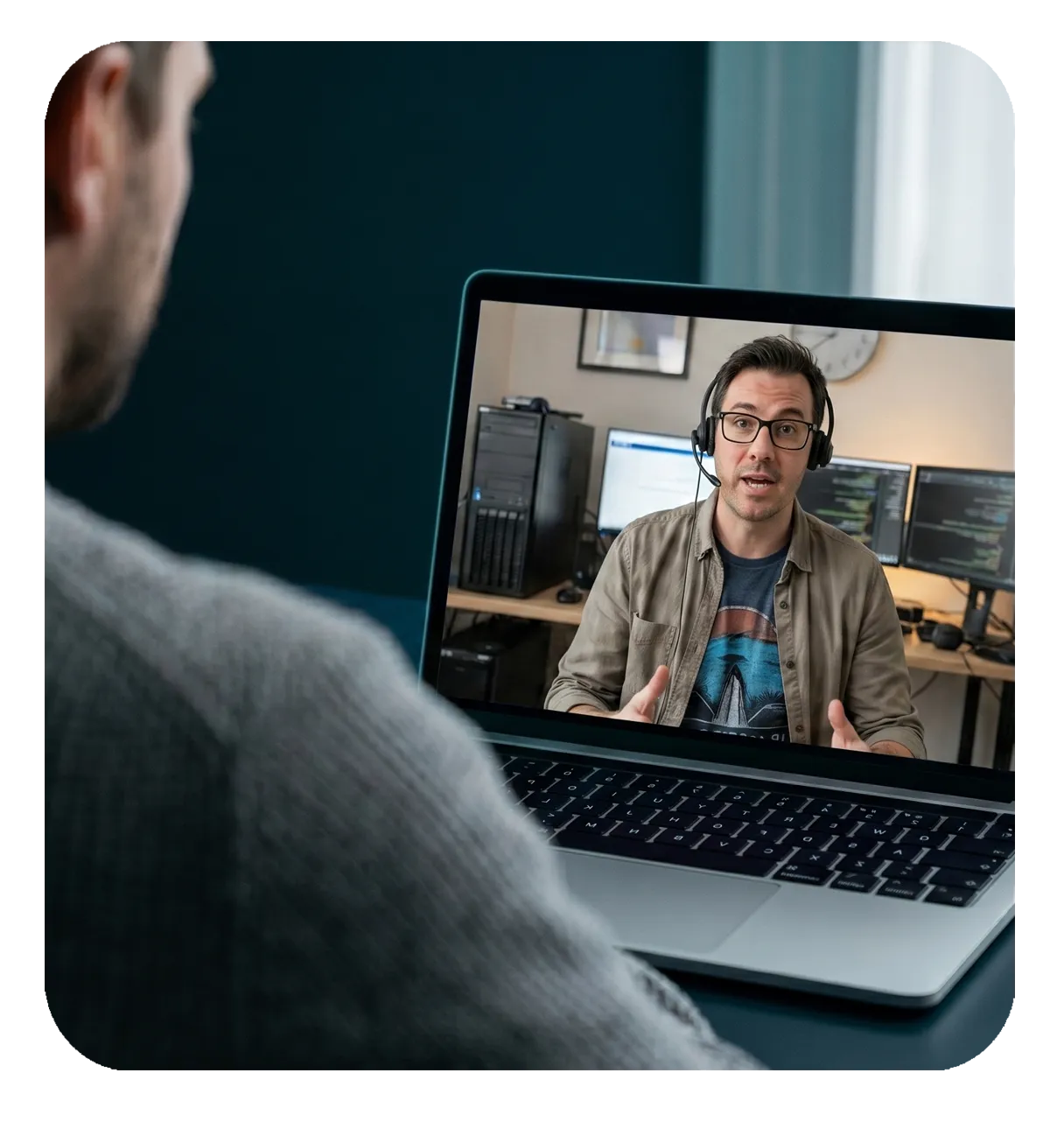 Over-the-shoulder view of an IT admin on a video call with a remote Addigy Solution Architect on his laptop