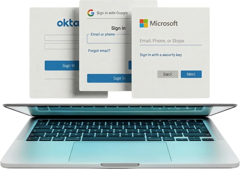 Open MacBook against a white background, with three overlapping identity provider sign-in windows — Okta, Sign in with Google, and Microsoft — floating above the screen, illustrating single sign-on and identity management.