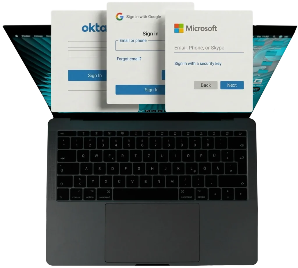 Top-down view of an open MacBook against a black background, with three overlapping identity provider sign-in windows — Okta, Sign in with Google, and Microsoft — floating above the screen, illustrating single sign-on and identity management.