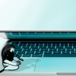 A partially open laptop bathed in teal light, with a hand-drawn illustration of a person crouched on the keyboard cradling a small sprouting plant.