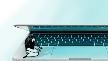 A partially open laptop bathed in teal light, with a hand-drawn illustration of a person crouched on the keyboard cradling a small sprouting plant.