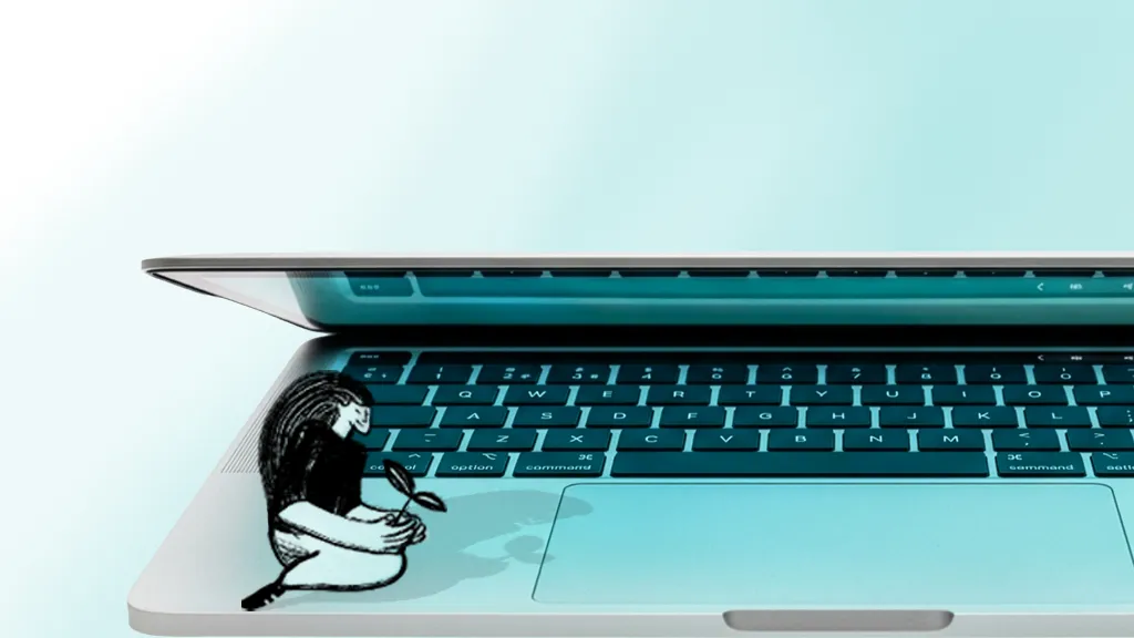 A partially open laptop bathed in teal light, with a hand-drawn illustration of a person crouched on the keyboard cradling a small sprouting plant.
