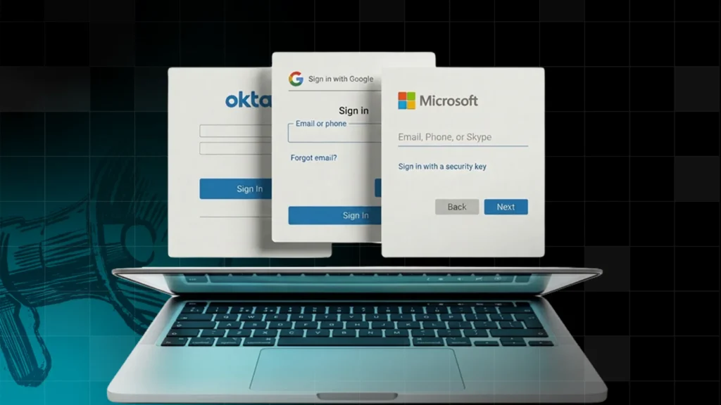 Top-down view of an open MacBook against a black background, with three overlapping identity provider sign-in windows — Okta, Sign in with Google, and Microsoft — floating above the screen, illustrating single sign-on and identity management.