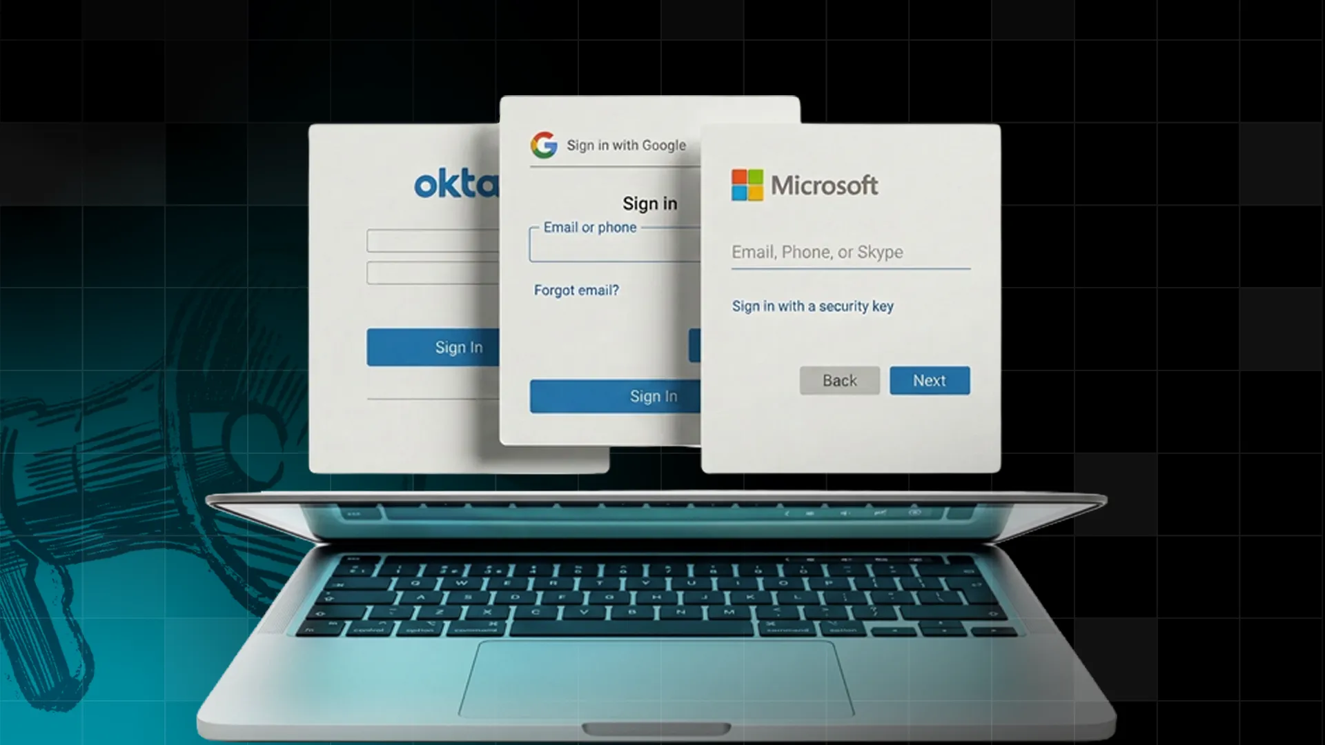 Top-down view of an open MacBook against a black background, with three overlapping identity provider sign-in windows — Okta, Sign in with Google, and Microsoft — floating above the screen, illustrating single sign-on and identity management.
