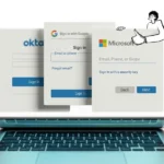 Open MacBook against a white background, hand draw illustration of a character on top of the device, with three overlapping identity provider sign-in windows — Okta, Sign in with Google, and Microsoft — floating above the screen, illustrating single sign-on and identity management.