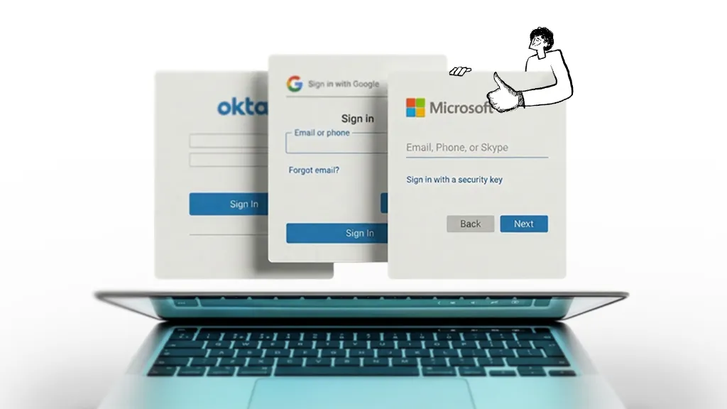 Open MacBook against a white background, hand draw illustration of a character on top of the device, with three overlapping identity provider sign-in windows — Okta, Sign in with Google, and Microsoft — floating above the screen, illustrating single sign-on and identity management.