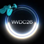 WWDC26 logo in glowing white text centered inside concentric blue-to-amber light rings on a black background, with a teal sketch-style illustration of a person holding a megaphone in the upper left.