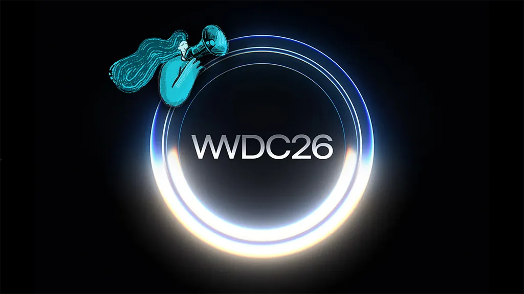 WWDC26 logo in glowing white text centered inside concentric blue-to-amber light rings on a black background, with a teal sketch-style illustration of a person holding a megaphone in the upper left.