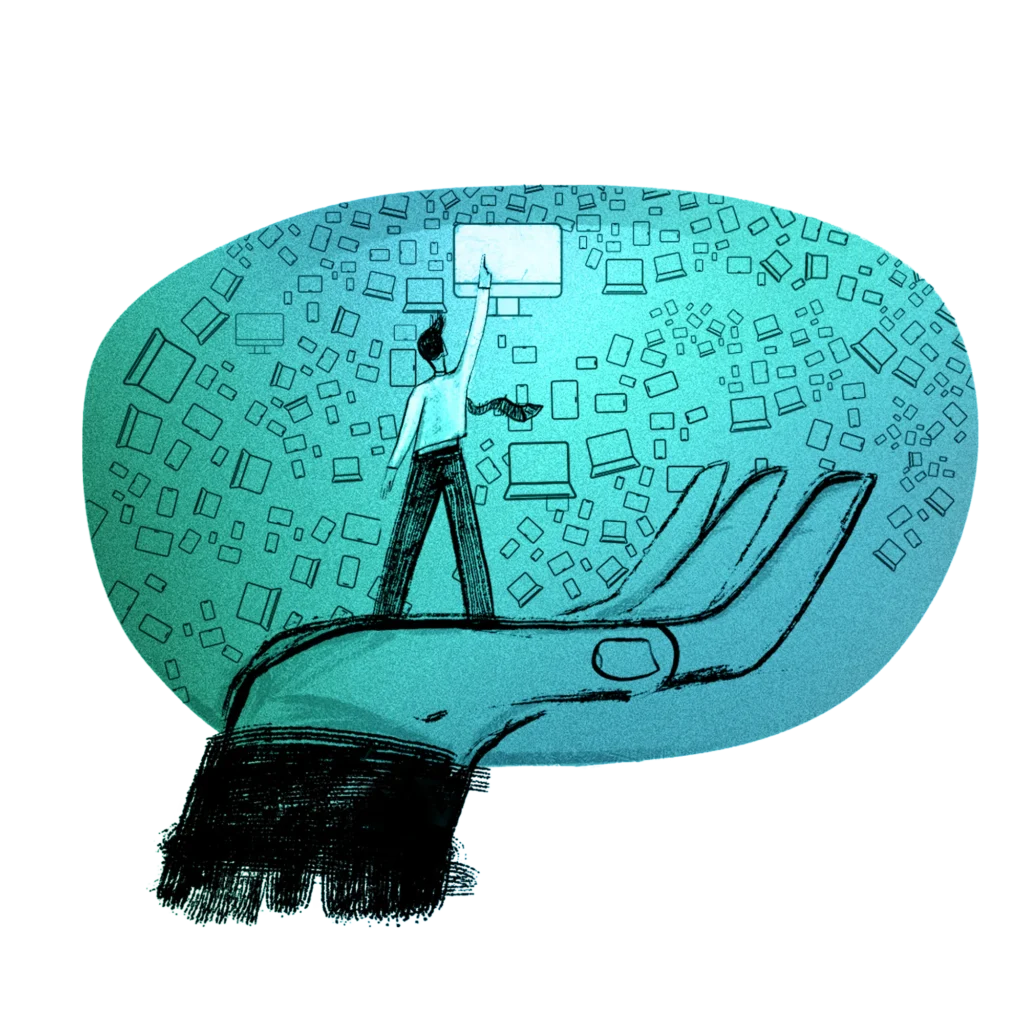 Illustration of a person reaching toward a computer screen surrounded by floating devices, held in an open hand, symbolizing IT support and device management.