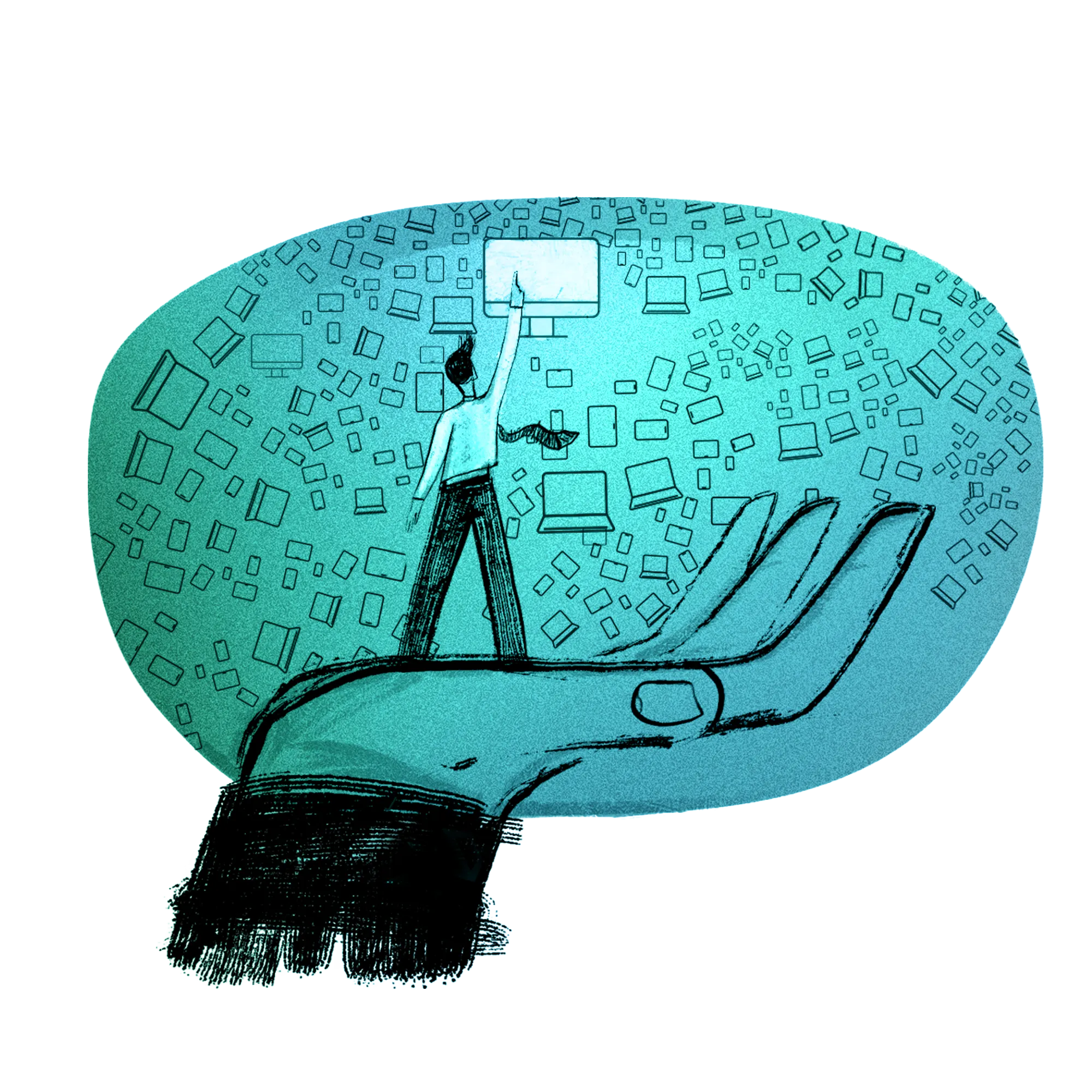 Illustration of a person reaching toward a computer screen surrounded by floating devices, held in an open hand, symbolizing IT support and device management.