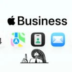Illustrated character pointing to the Apple Business logo and apps