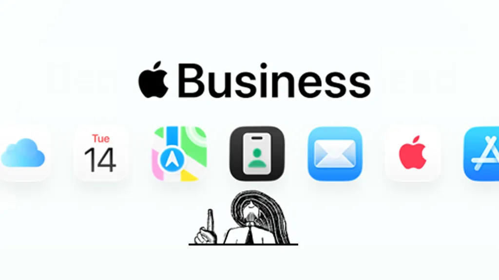 Illustrated character pointing to the Apple Business logo and apps