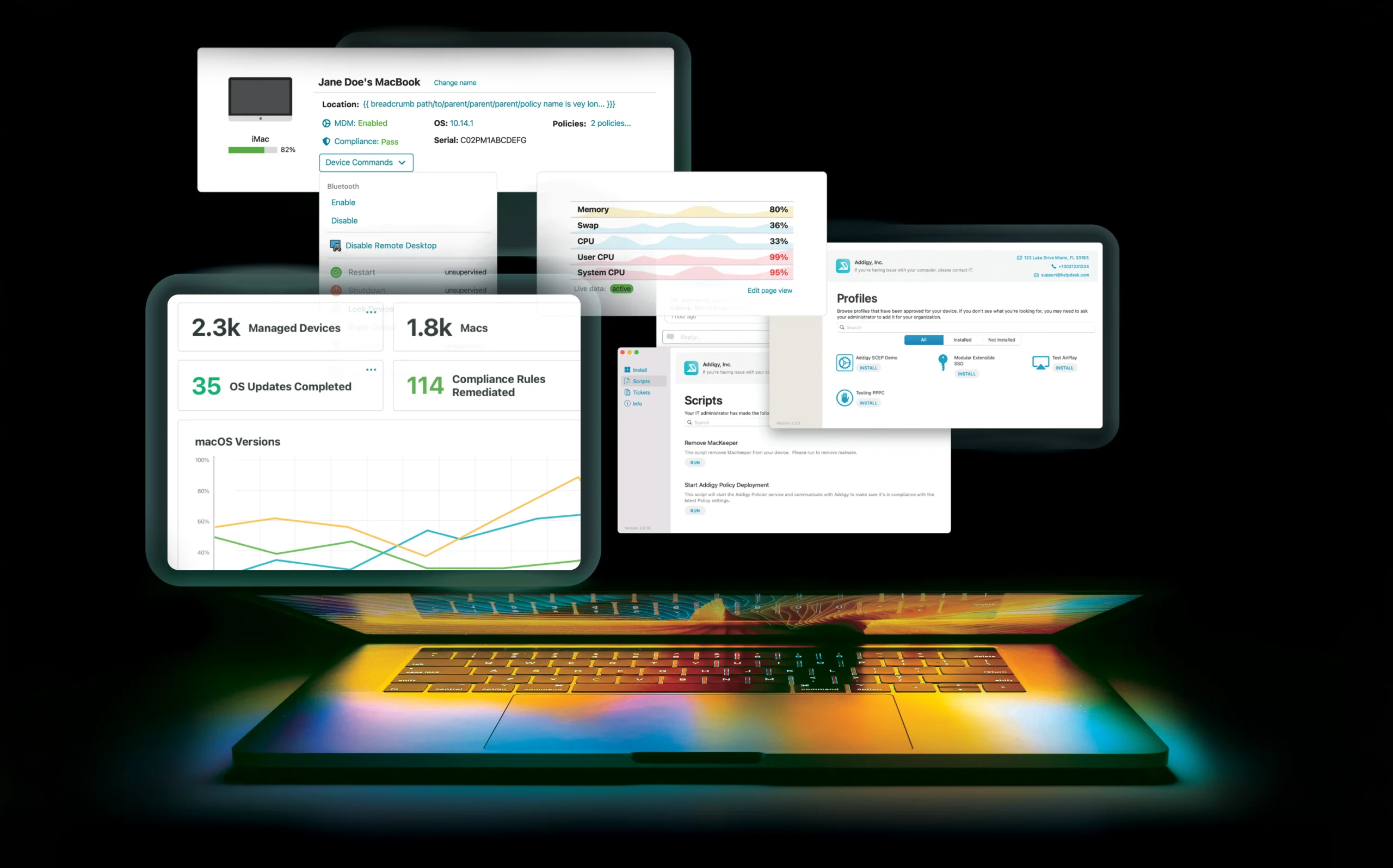 Macbook on a black background with Addigy UI cards