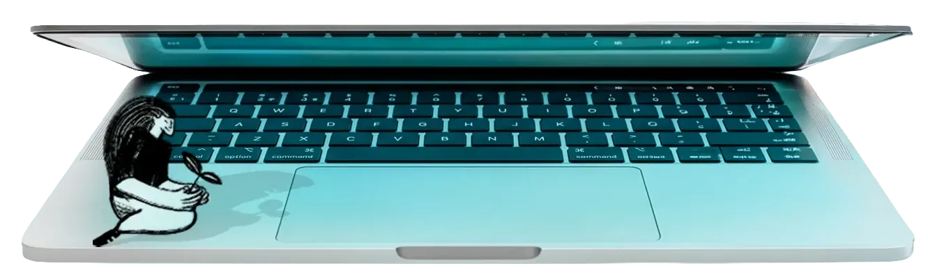 A partially open laptop bathed in teal light, with a hand-drawn illustration of a person crouched on the keyboard cradling a small sprouting plant.