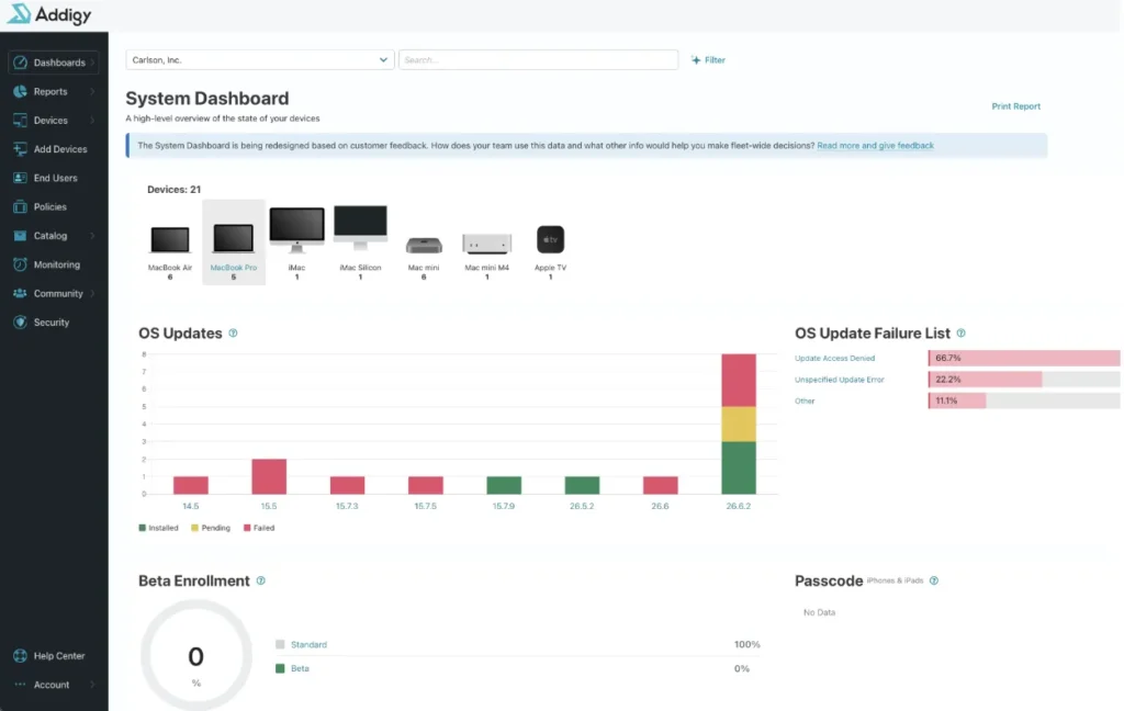 Addigy system dashboard