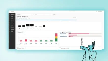 Addigy UI OS updates dashboard wireframe with an illustration character on front.