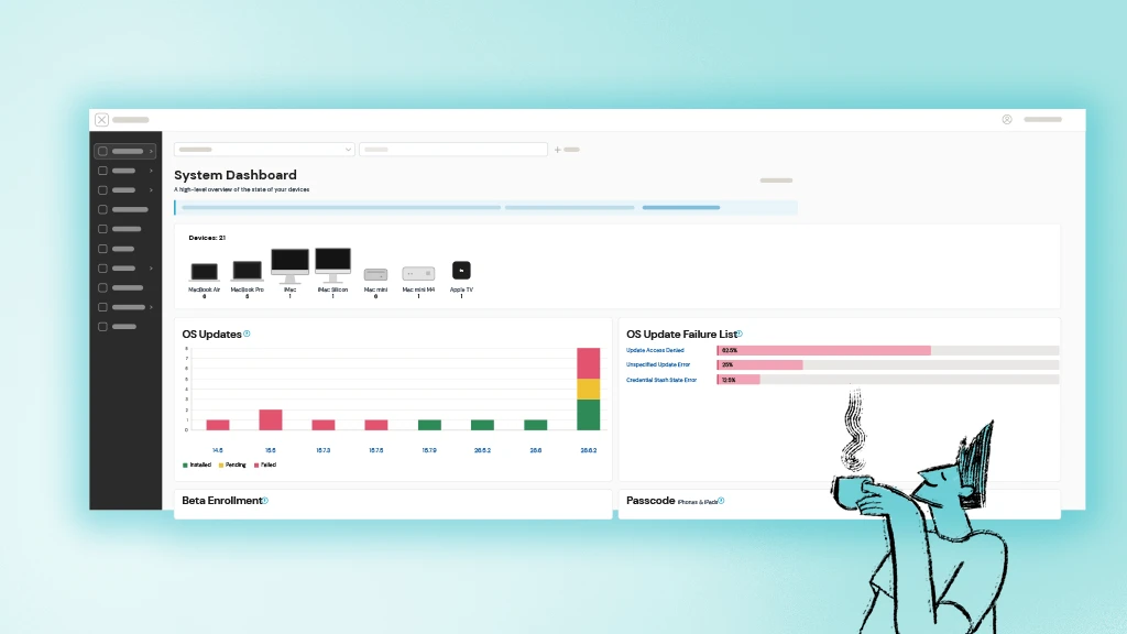 Addigy UI OS updates dashboard wireframe with an illustration character on front.
