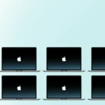 Illustrated character over a fleet of Macbooks Pro