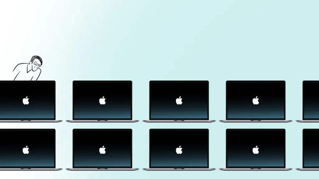 Illustrated character over a fleet of Macbooks Pro