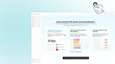 Addigy CVE dashboard with IT admin illustration character on the top of the window