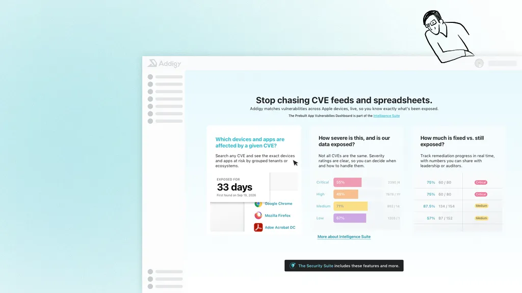 Addigy CVE dashboard with IT admin illustration character on the top of the window